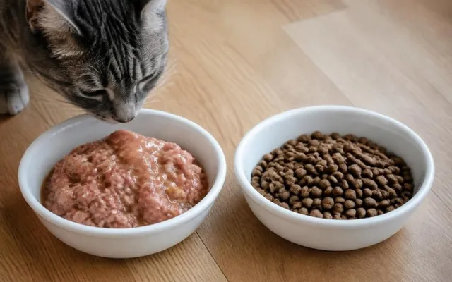A gray tabby cat sniffing a bowl of wet cat food next to a bowl of dry kibble