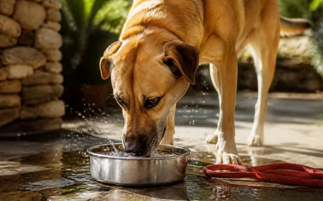 A tan dog drinking from a steel water bowl on a sunny patio, with a red leash on the ground beside it