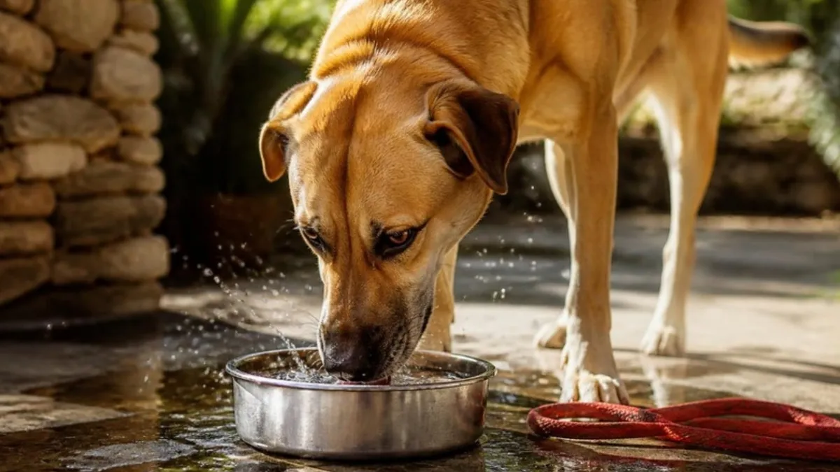 A tan dog drinking from a steel water bowl on a sunny patio, with a red leash on the ground beside it