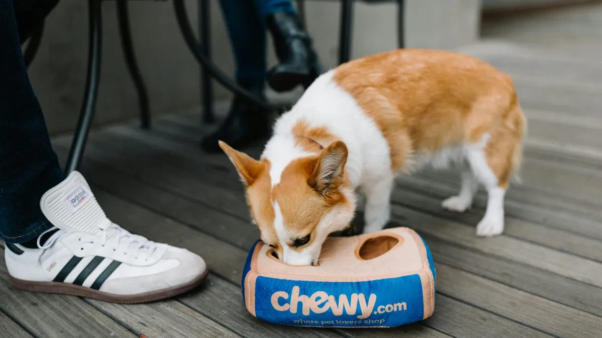 A dog eating from its bowl with a person calmly nearby