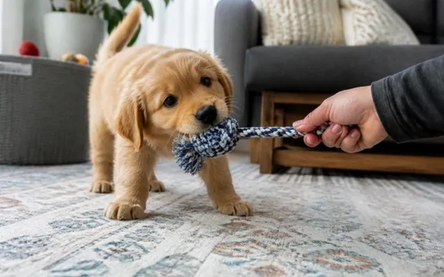 A golden puppy tugging on a rope toy that a person is holding out to it on a living room rug
